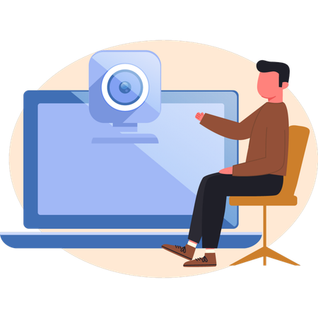 Young man pointing laptop camera  Illustration
