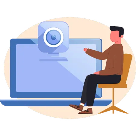 Young man pointing laptop camera  Illustration