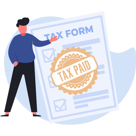 Young man pointing paid tax form  Illustration