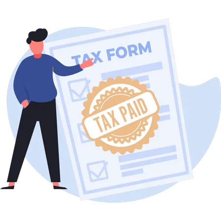 Young man pointing paid tax form  Illustration