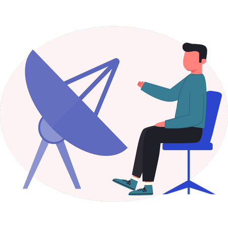 Young man pointing satellites dish antenna  Illustration