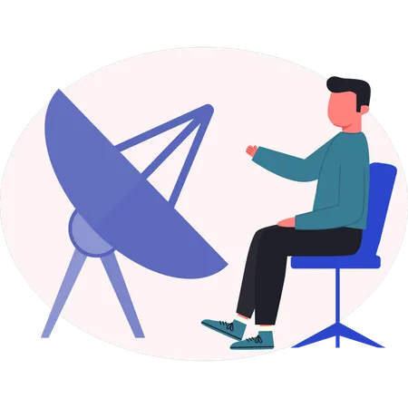 Young man pointing satellites dish antenna  Illustration