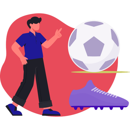 サッカーボールを指差す若い男性  イラスト