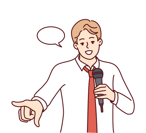 Young man pointing something and giving speech in mike  Illustration