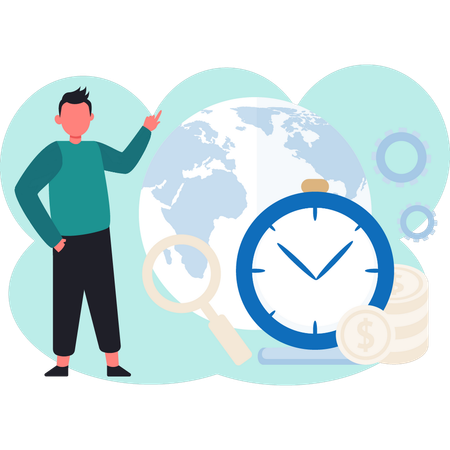 Young man pointing time management  Illustration