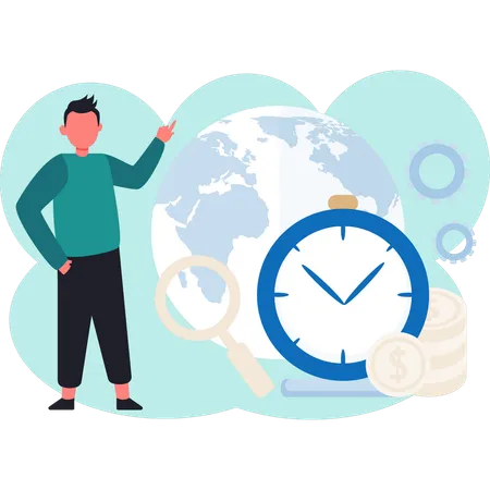 Young man pointing time management  Illustration