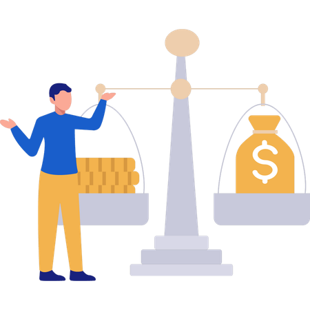 Young Man Pointing To Balance Scale  Illustration