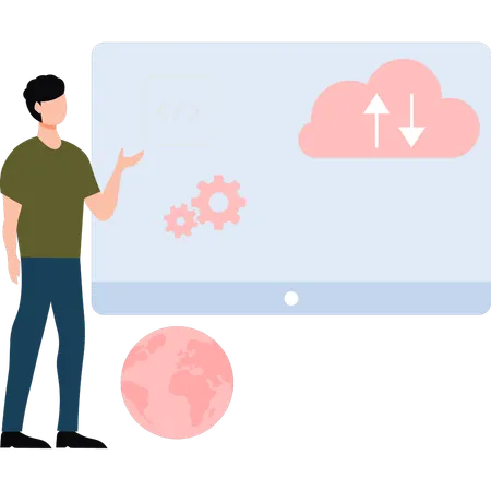 Young man Pointing To Cloud Data On Web Page  Illustration