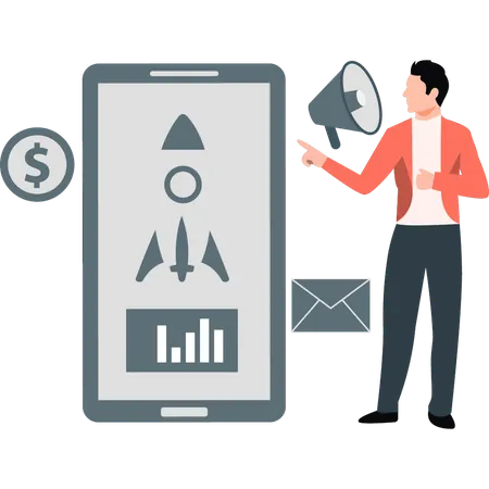 Young man pointing to rocket on mobile  Illustration