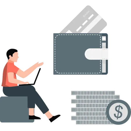 Young man pointing wallet credit card  Illustration