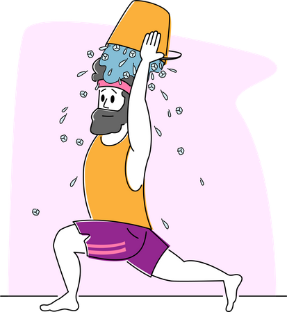 Young Man Pouring Ice Water Bucket on Head Illustration