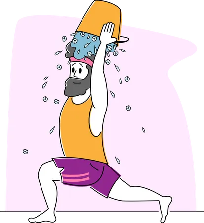 Young Man Pouring Ice Water Bucket on Head  Illustration