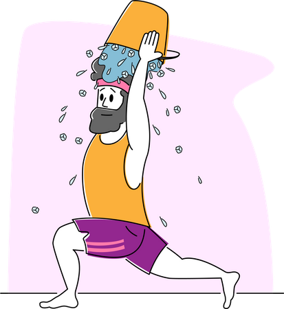 Young Man Pouring Ice Water Bucket on Head  Illustration