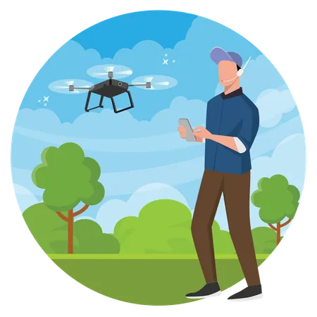 Young man practicing drone At city park  Illustration