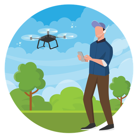 Young man practicing drone At city park  Illustration