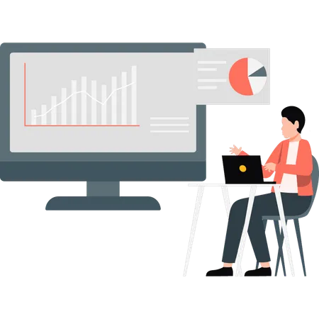 Young man preparing analytical diagram on monitor  Illustration