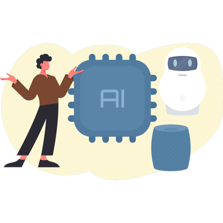 Young man presenting AI chip  Illustration