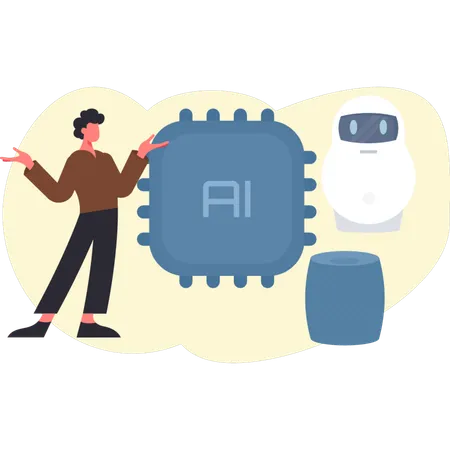 Young man presenting AI chip  Illustration