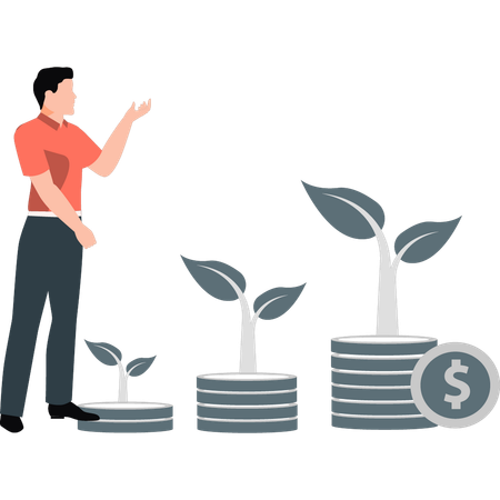 Young man presenting dollar trees  Illustration