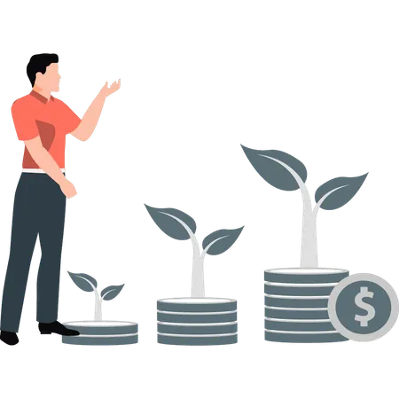 Young man presenting dollar trees  Illustration