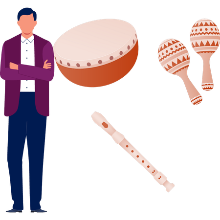 Young man presenting flute and maracas  Illustration