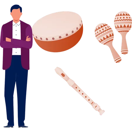 Young man presenting flute and maracas  Illustration