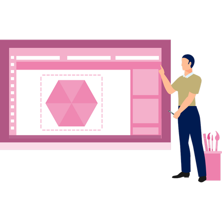 Young man presenting polygon shape on monitor  Illustration