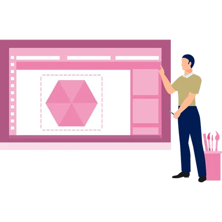 Young man presenting polygon shape on monitor  Illustration