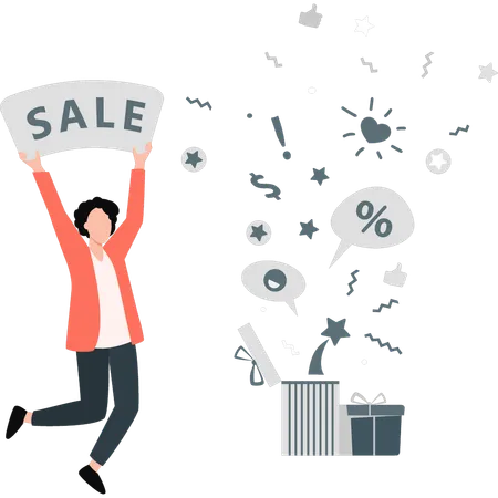 Young man presenting sale shopping  Illustration