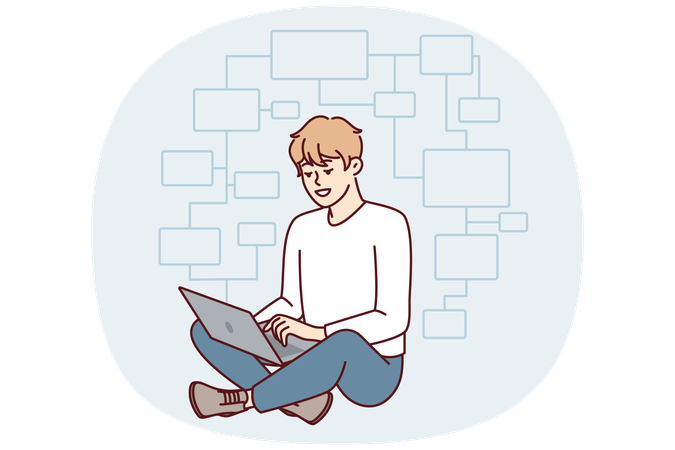 Young man programmer sits on floor with laptop  Illustration