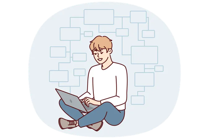 Young man programmer sits on floor with laptop  Illustration