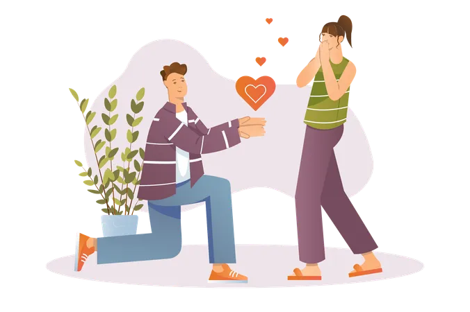 Young man proposed to his girlfriend on Valentines Day  Illustration