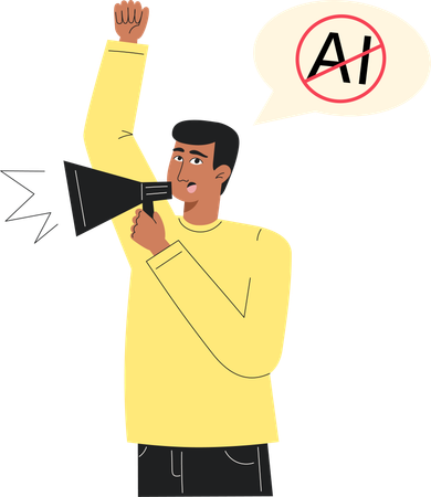 Young Man Protesting Against Artificial Intelligence and Shouting Through Megaphone  Illustration