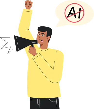 Young Man Protesting Against Artificial Intelligence and Shouting Through Megaphone  Illustration