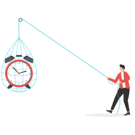 Young man pulling alarm clock up  Illustration