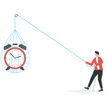 Young man pulling alarm clock up  Illustration