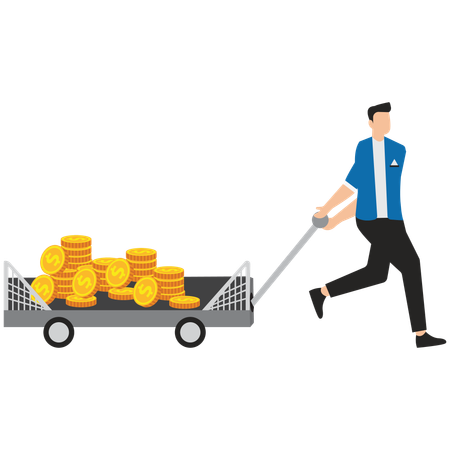 Young man pulling coins trolly  Illustration