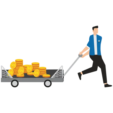 Young man pulling coins trolly  Illustration