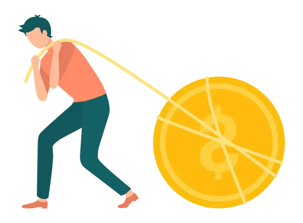 Young man pulling dollar coin Illustration