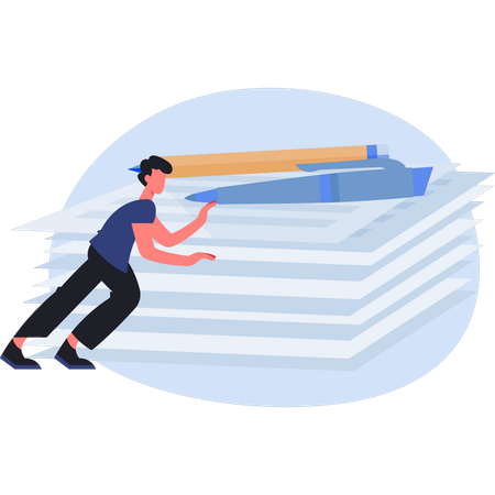 Young man pushing documents stack  Illustration