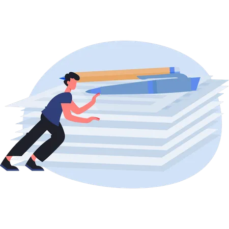 Young man pushing documents stack  Illustration