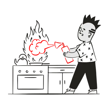Young man put out fire in kitchen  Illustration