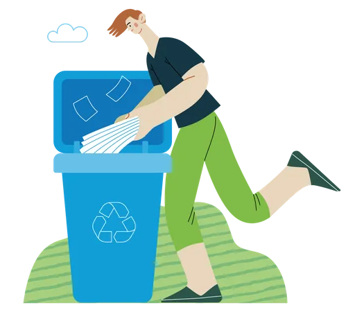 Young man putting a paper journals into the garbage container for paper waste Illustration