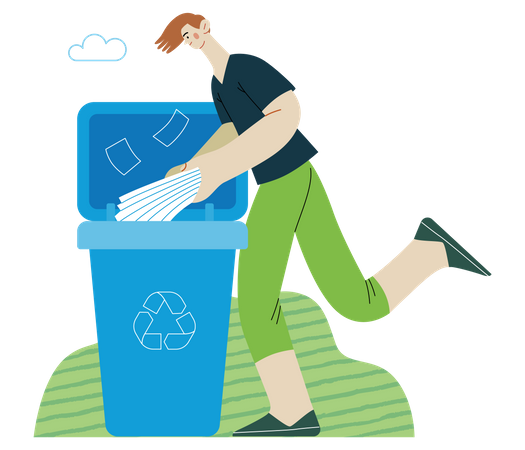 Young man putting a paper journals into the garbage container for paper waste  Illustration