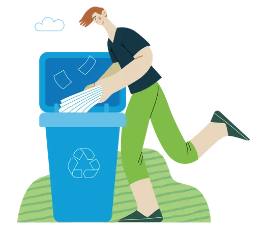 Young man putting a paper journals into the garbage container for paper waste  Illustration