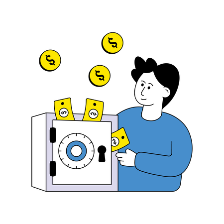 Young man Putting coin in safe  Illustration