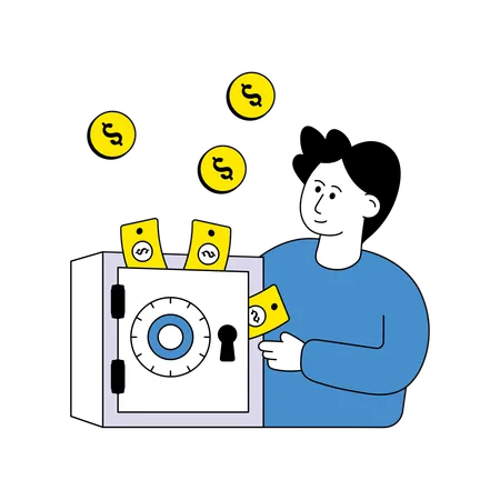 Young man Putting coin in safe  Illustration