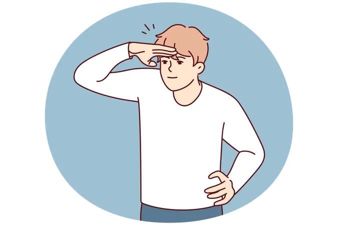 Young man raises hand to forehead to see distant object  Illustration