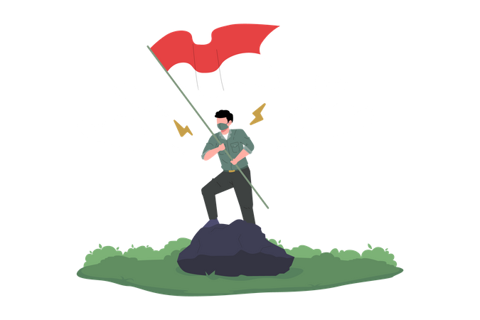 Young man raises Indonesia's Flag  Illustration