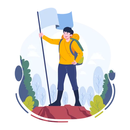 Young man raises the flag on the top of the mountain  Illustration